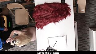 Rich shoplifter Darcie Belle bent over in garage, punished with monster cock by officer