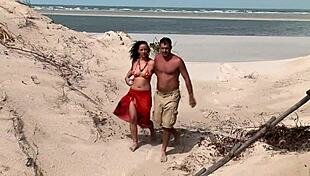 at the beach, a brunette pornstar dives into wet pussy with blowjob and missionary action