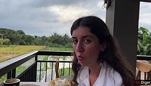 Girl Walks Cafe with Cum on Face Swallowing Pizza