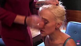 stunning lesbian dominatrix uses a strapon to fuck a slutty blonde interviewer