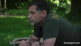 Old man fucks sexy blonde with big cock in public park