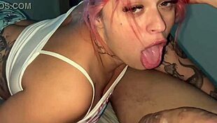 Watch this pretty tattooed girl give humiliating blowjob and facial