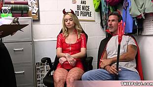 Cute blonde teen caught in halloween costume for rough threesome punishment