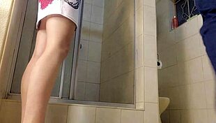 Eighteen-year-old sucks cock fiercely while flashing pussy upskirt without panties.
