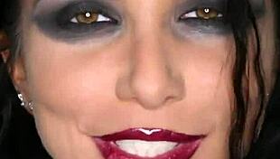 Chained and roughed up by Derrick Pierce, the brunette gets blowjob and cumshot on her big tits.