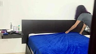 Beautiful Colombian woman rides in the hotel room, exploring new experiences