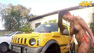 milf gives blowjob to monster cock outdoors