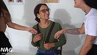 Two bratty girls dominate nerd guy in hilarious hardcore party fuck