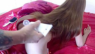 redhead gets pounded with sex toy in anal orgasm