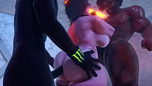 Midget with Big Boobs and Tits Fucked and Spanked by Two Black Men