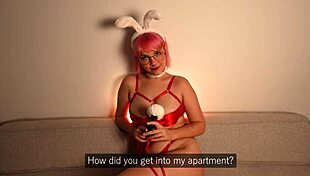 Young ex girlfriend with tattoo and glasses gives birthday anal plug and sloppy blowjob with cum