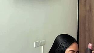 cute brunette giving sloppy blowjob to stepbro 😏