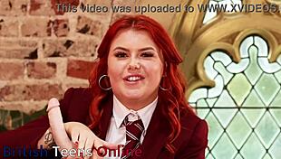 Feel the intense passion as this British redhead student with long hair and blue eyes guides you to wank and cum using her dildo in taboo costumes