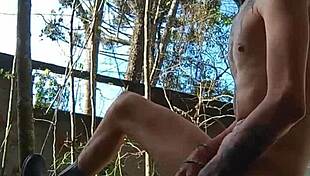 Feeling thrill of cumming in public backyard, skinny nerd enjoys outdoor fetish