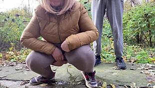 depraved curvy milf in leggings squats and pisses nearby