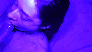 Blowjob and creampie in blue light room. Bodybuilder babe takes big cock in doggystyle and face fucking POV.
