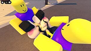 emma gets gangbanged by three guys on the roblox whorblox street, sucking and fucking roughly.