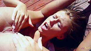 These cute teen 18+ lesbians are having fun in the swimming pool and then fuck each other hard