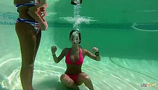 These cute teen 18+ lesbians are having fun in the swimming pool and then fuck each other hard