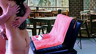 Voyeur watches big natural tits in public pussy blowjob and assfucking with ball kicking