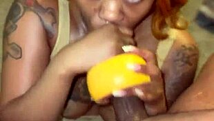 Grapefruit Meets Gooch in Wet Ebony Face Fucking with Cum