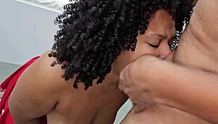 A young woman cries on the endowed man's penis and receives a lot of milk in her mouth