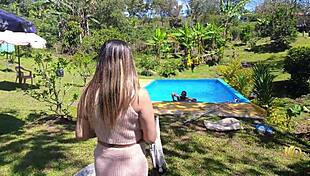 the mature boss with big tits fucks her muscular worker right after he gets out of the pool naked.