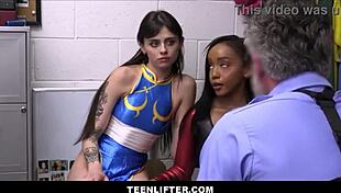 lily starfire and angel windell get caught shoplifting and fucked by the guard