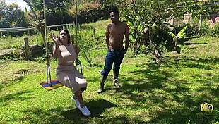 the mature boss with big tits fucks her muscular worker right after he gets out of the pool naked.