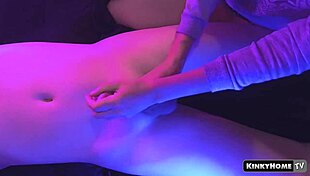 She gives a sensual handjob to his cock until he cums