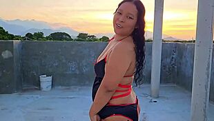 Yo, submissive milf dominated outdoors on rooftop with facial and shower