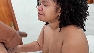 A young woman cries on the endowed man's penis and receives a lot of milk in her mouth