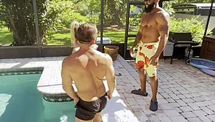 Petite slut cheerleader Kait slammed hard by pool in intense interracial threesome action