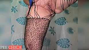 Hairy granny pissing in shower with fresh creampie inside