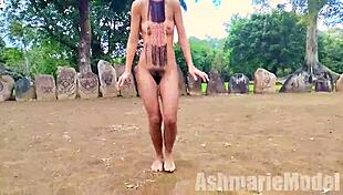 Hey, check this hairy Latina tribal dance flashing outdoors!