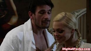 Oh wow, busty Jesse Jane sucks and fucks in stockings and miniskirt closeup!