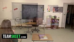 Innocent girl turned into a sex ed prop by TeamSkeet. She’s gagging and fingering in group play!