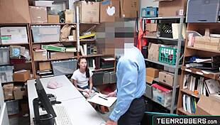 shaved teen shoplifter gets roughly fucked by creepy guard on teenrobbers.com