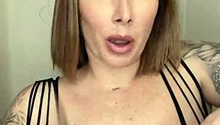 paige in fishnets takes a big black dildo and finishes with her mouth