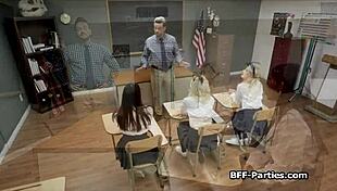 lucky teacher joins a wild classroom foursome with eager coeds