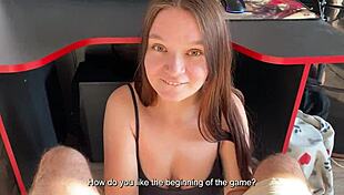 She Plays with Him in Submissive Massage, Blowjob and Cum on Tits