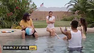 B got boobs, Desiree Dulce and Xander Corvus at pool, shy with big tits