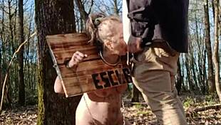 this bound european slave gets cum in mouth after flashing outdoor.