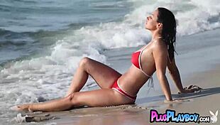 Joelina strips naked on the beach, showing off her natural body