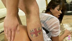 guy bangs brunette maid with huge tits in stockings while ironing 😏