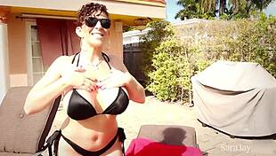 Masturbation by the pool sara jay in black bikini plays with herself
