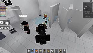Two people explore in Roblox and a public restroom