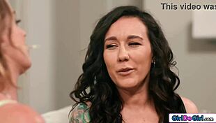 Does the petite milf footfuck her blonde neighbor's pussy?