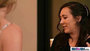 Does the petite milf footfuck her blonde neighbor's pussy?