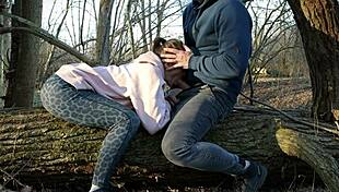 Redhead public deepthroats dick and rough fucks in the wood, cumming in mouth